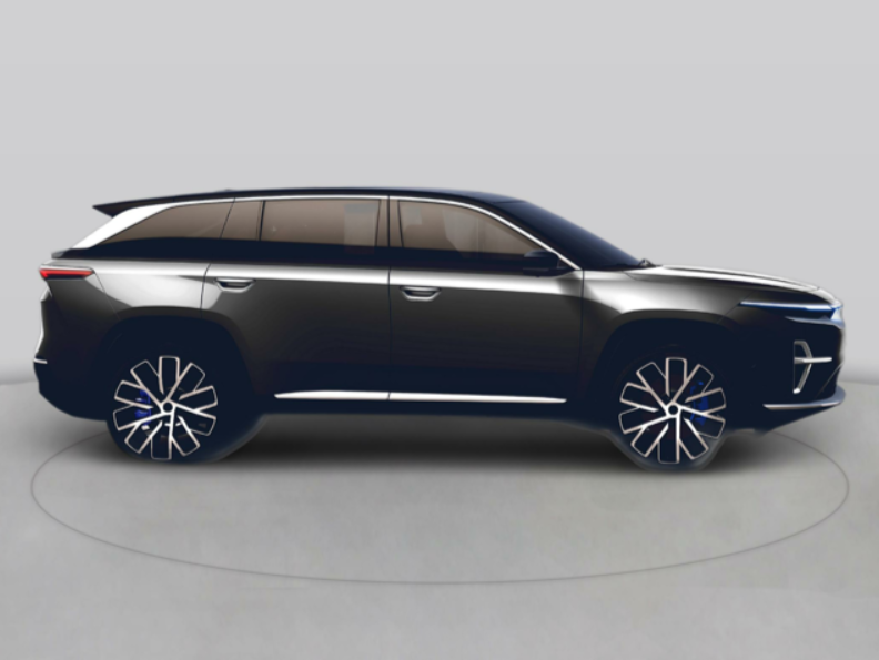 A sleek black Wagoneer S sitting in a showroom.